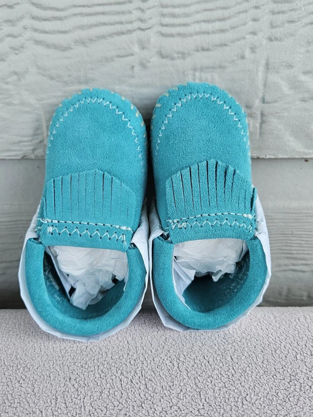 Minnetonka Riley Moccasin Booties Turquoise Baby Infant SZ 2 Western Fringe